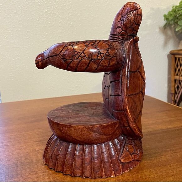 Hand Carved Wooden Turtle Wine Bottle Holder - Picture 3 of 15